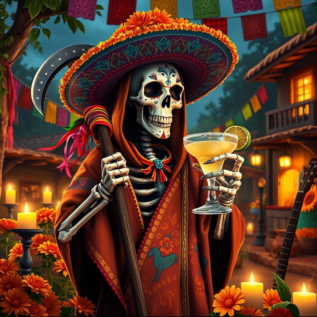 Vibrant Grim Reaper in Cinco de Mayo Serape Robe