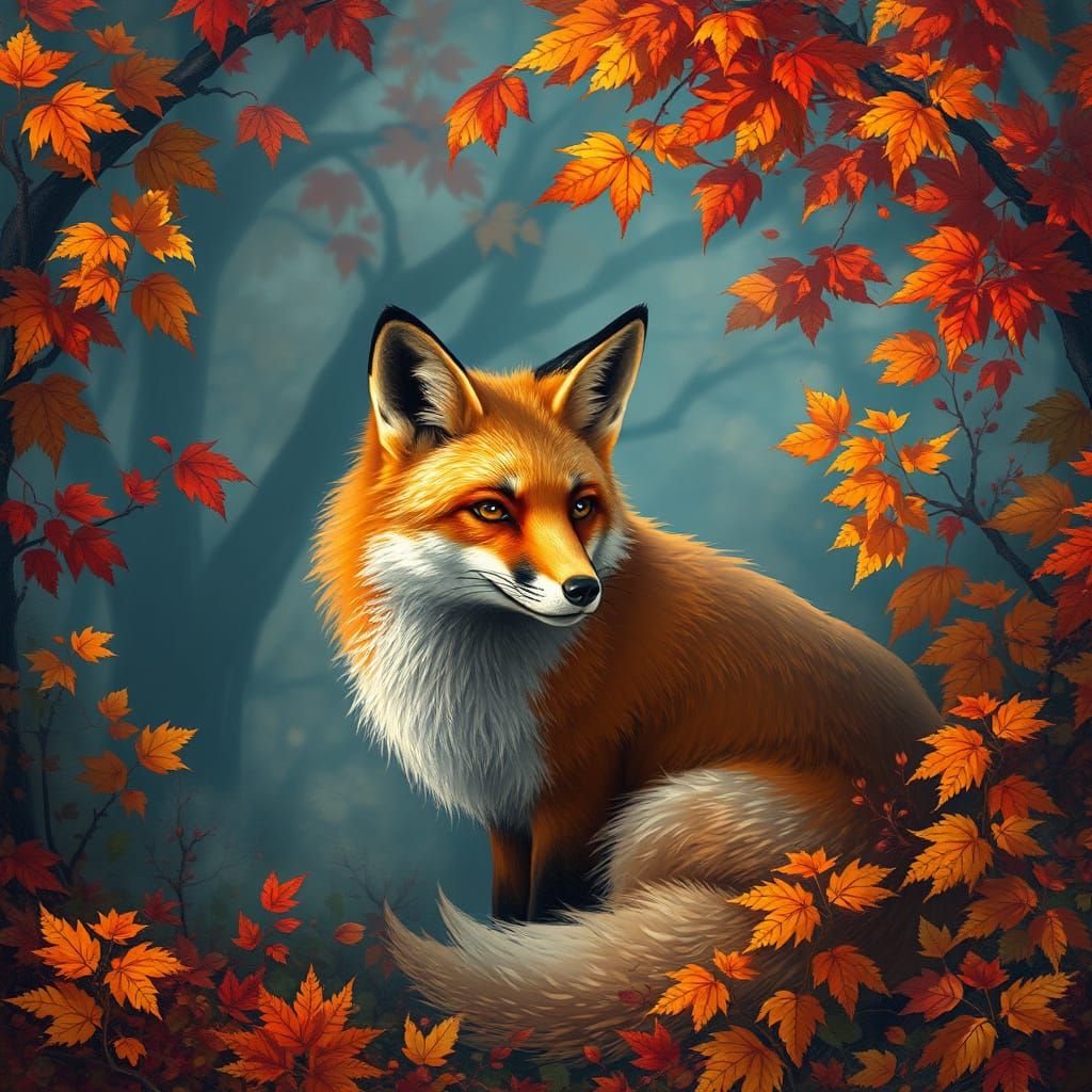 Majestic Fox in Autumn Foliage: Digital Painting