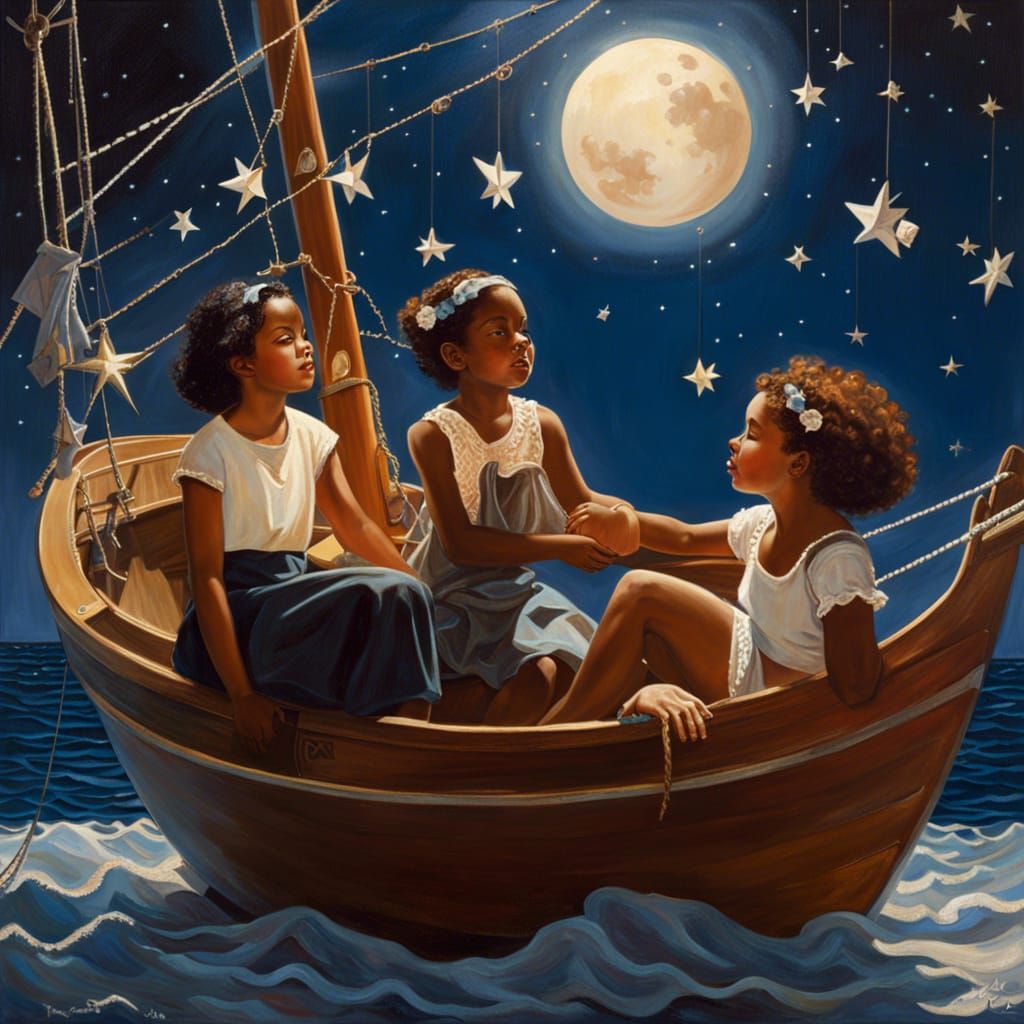 Dreamlike Voyage: Girls Sailing on Starry Sea