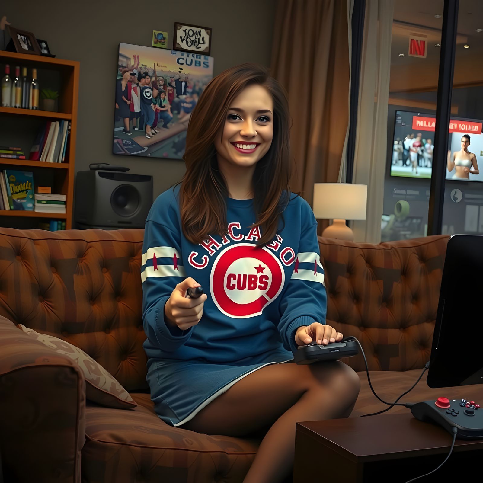 Hyperrealistic News Anchor in Cozy Gaming Session