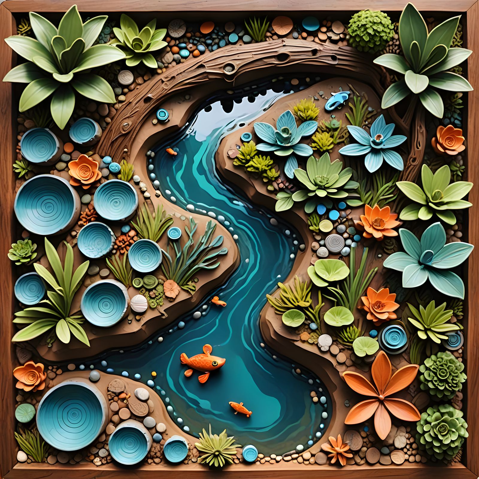 Clay Riverscape Sculpture with Vibrant Textures