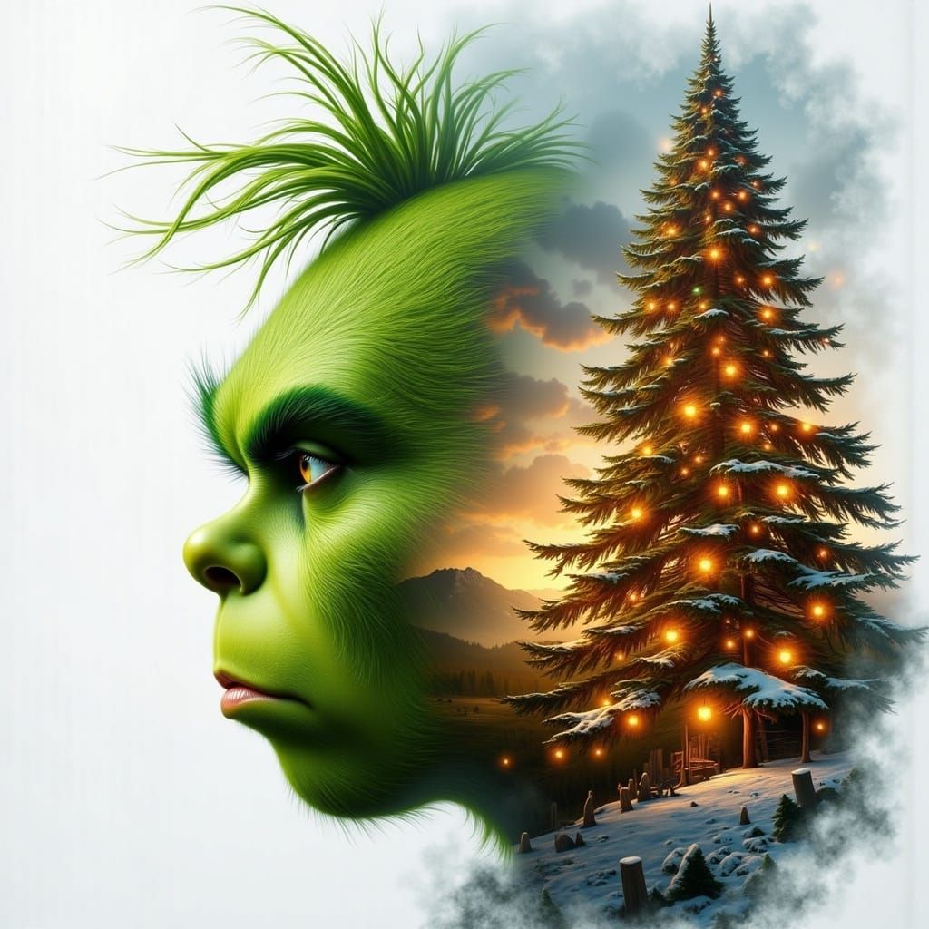 Whimsical Grinch Blends with Christmas Tree in Delicate Digi...