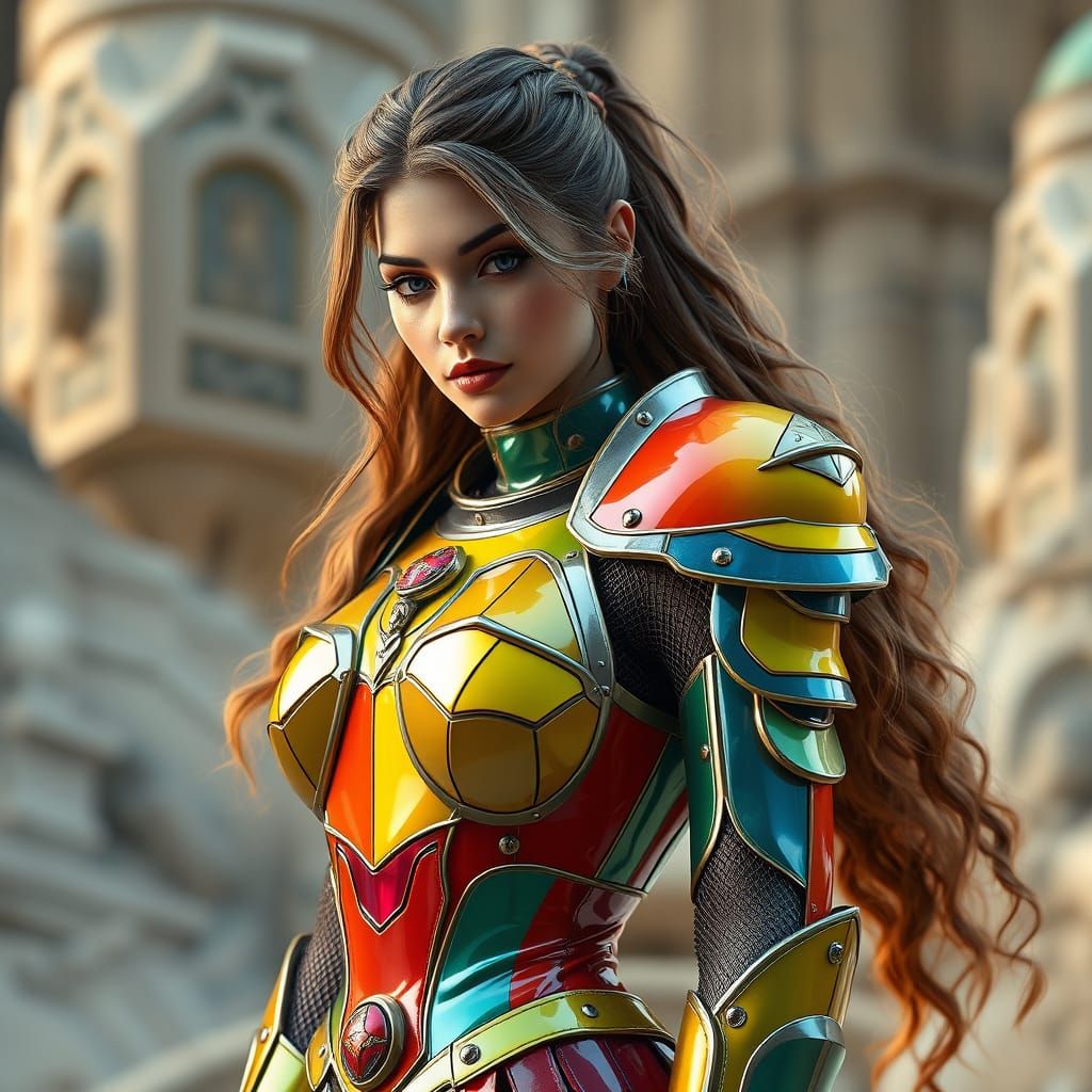 Hyperrealistic Woman in Colorful Armor Dress