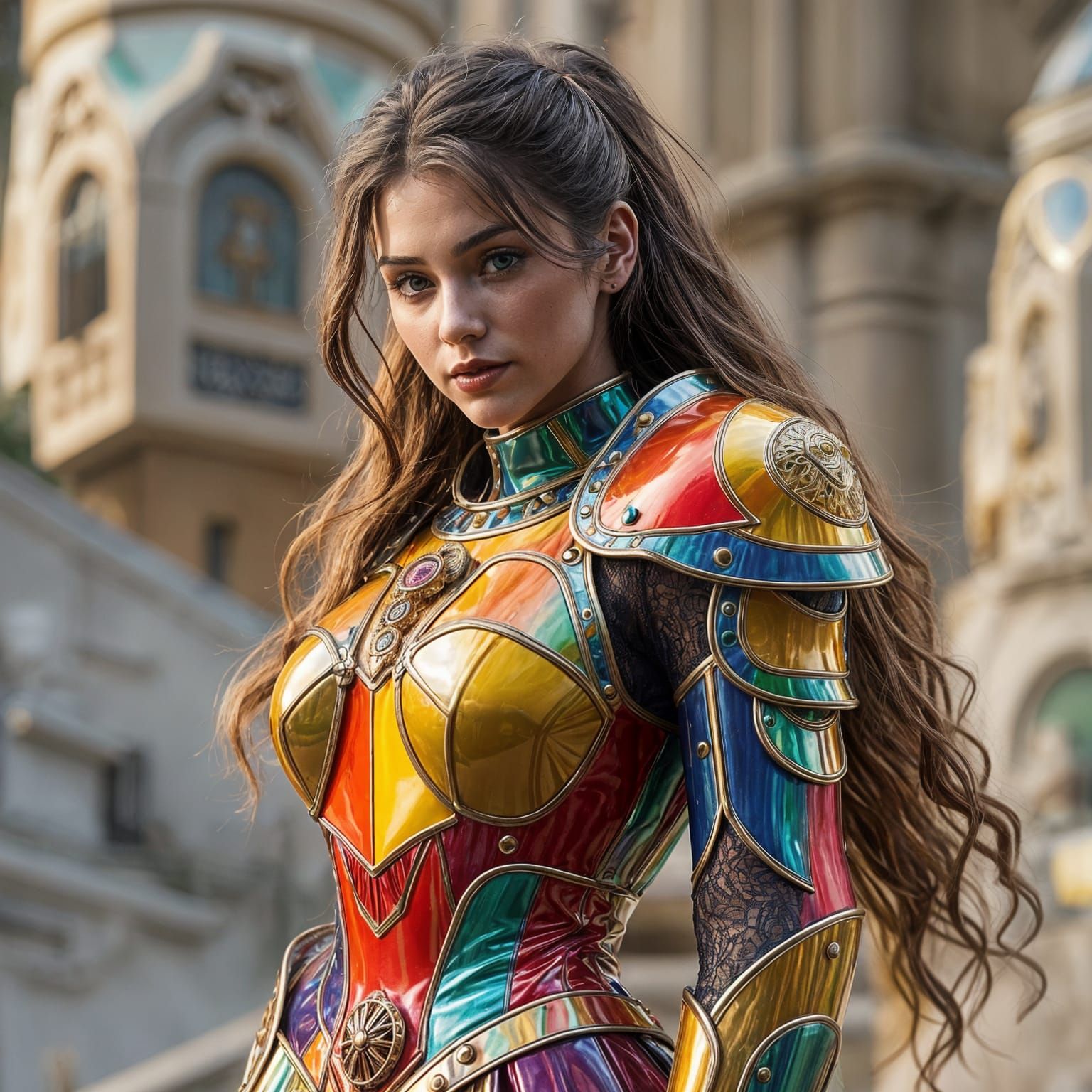 Hyperrealistic Woman in Colorful Latex Armor Dress