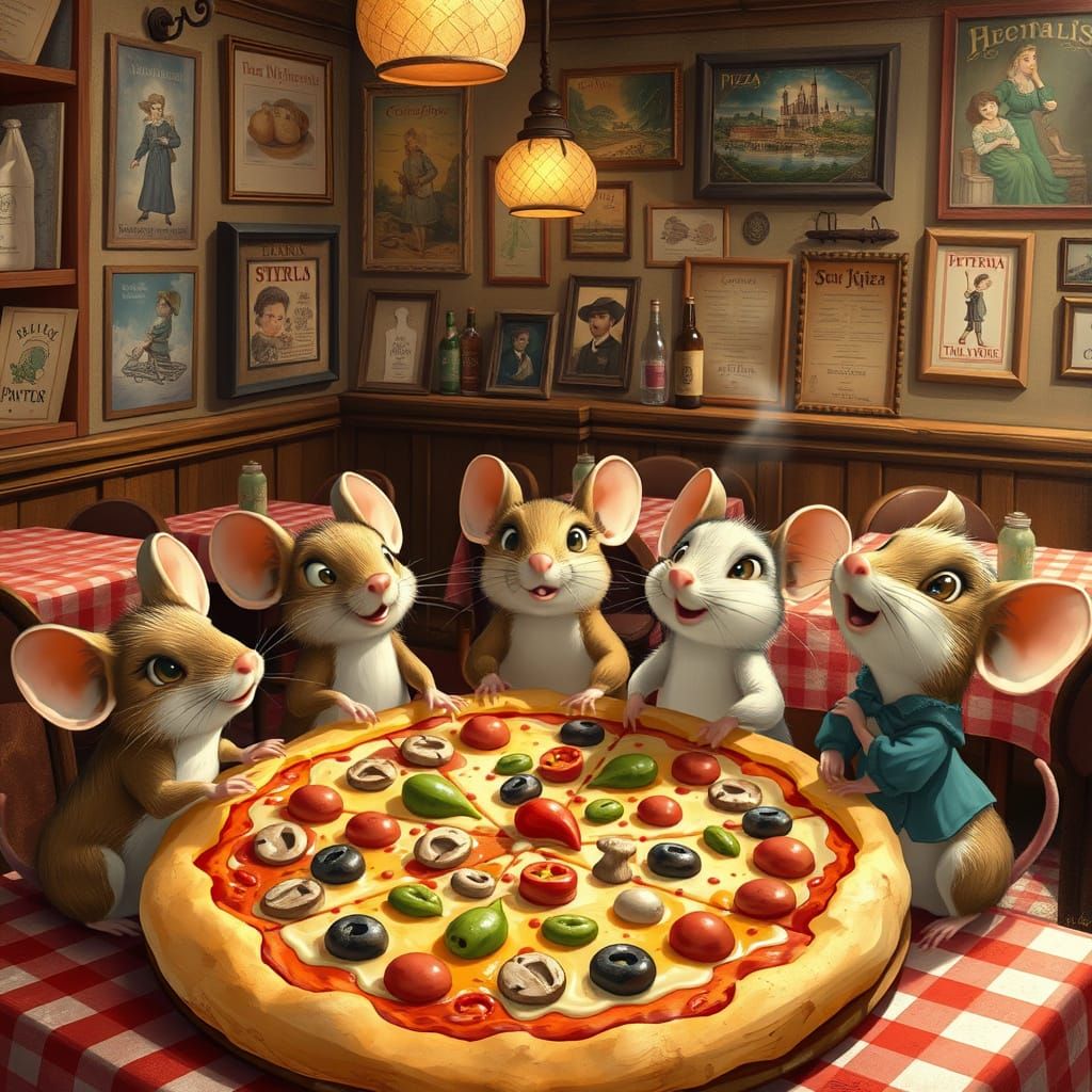 Mice Family Feast in Italian Trattoria