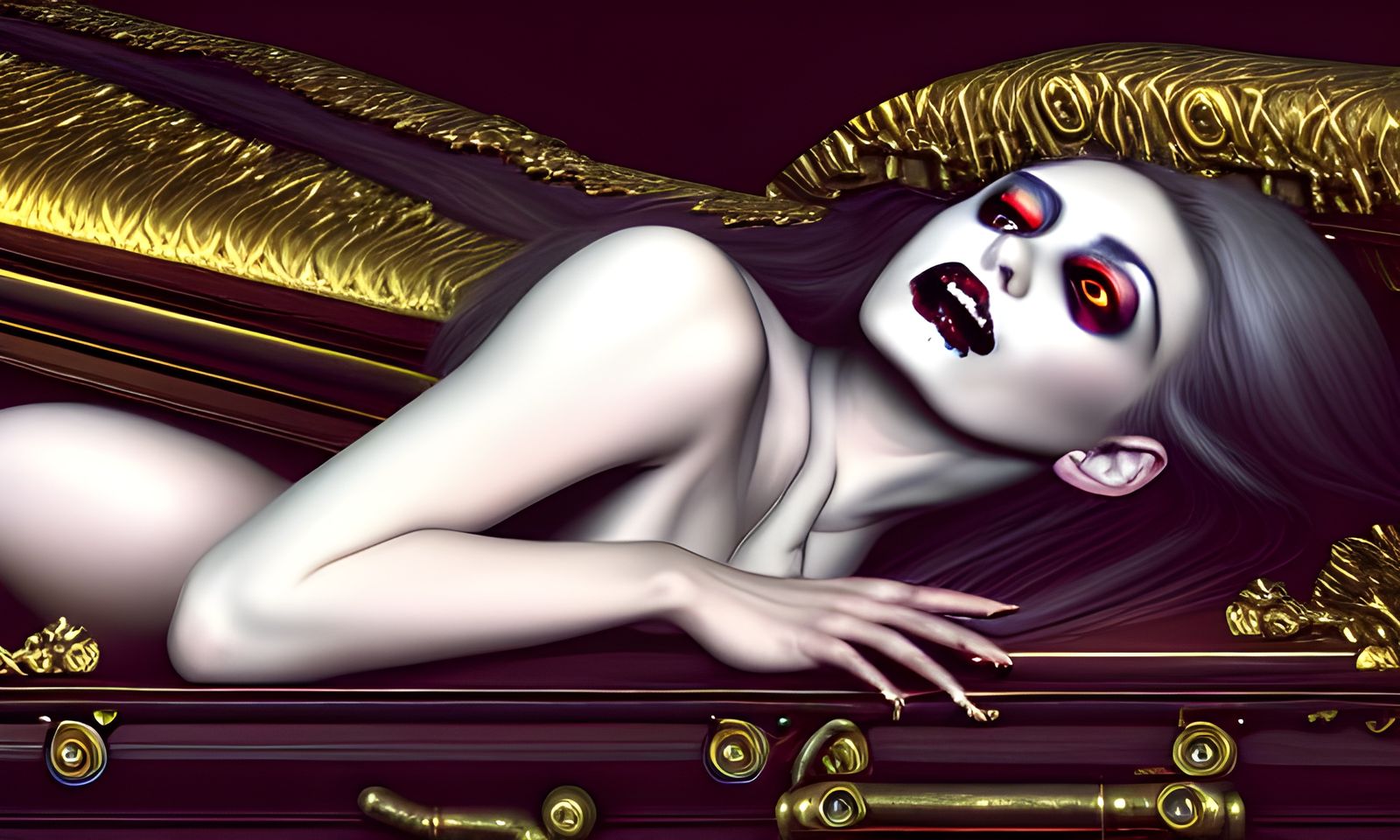 Detailed Vampire Lady in Coffin: Photorealistic Art