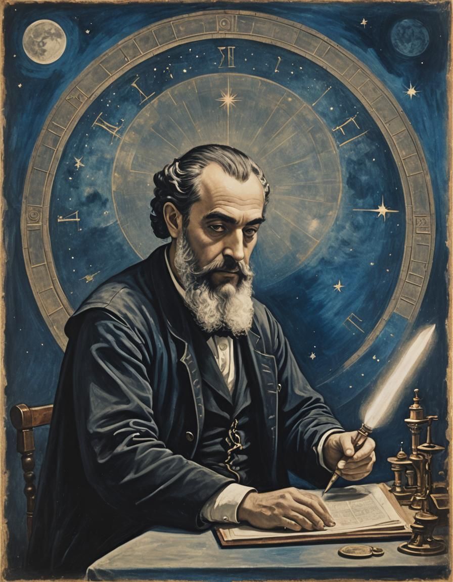 Steampunk Astrologist Fayum Portrait in Cyanotype Style