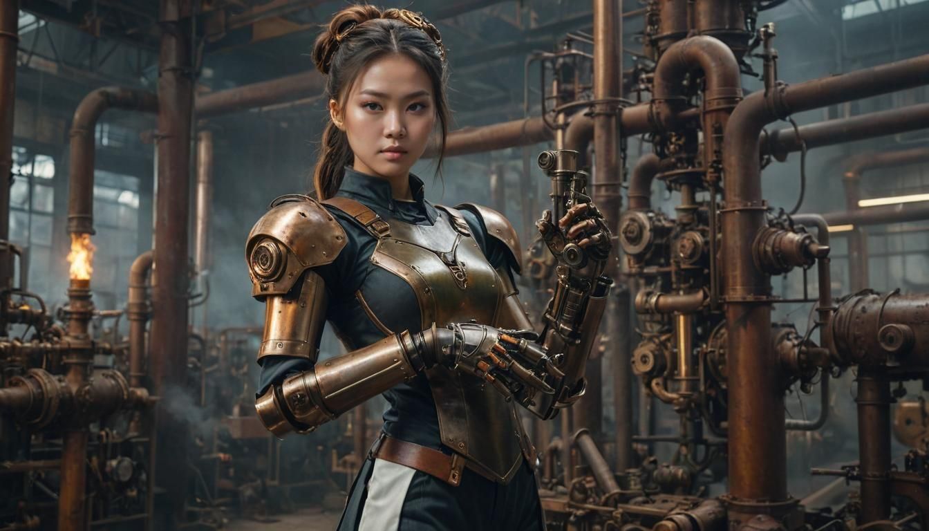 Steampunk Factory Scene with Vietnamese Woman