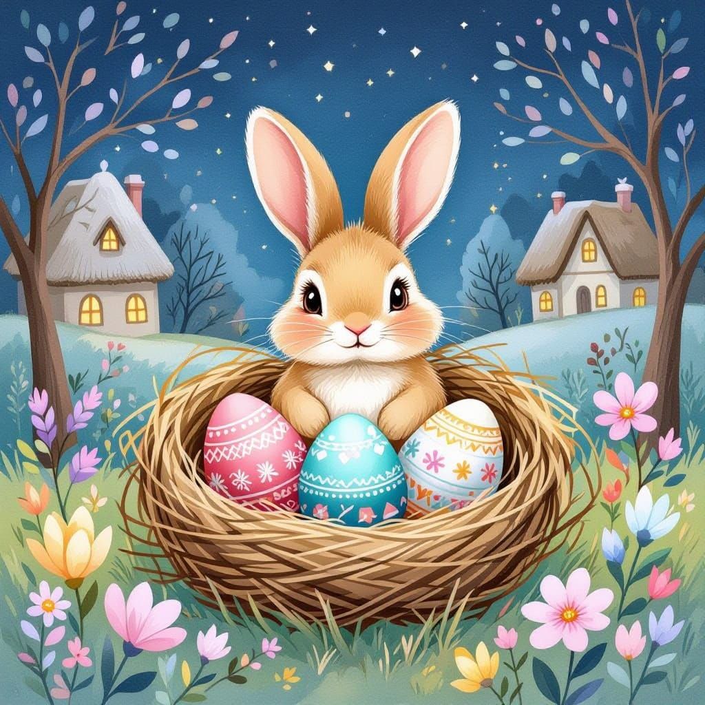 Whimsical Easter Bunny in Cozy Watercolor Nest