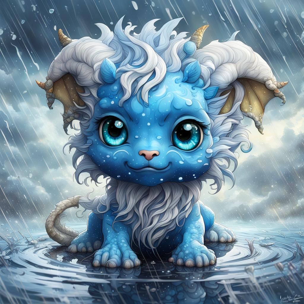 Chibi Chimera in Stormy Weather, Digital Art
