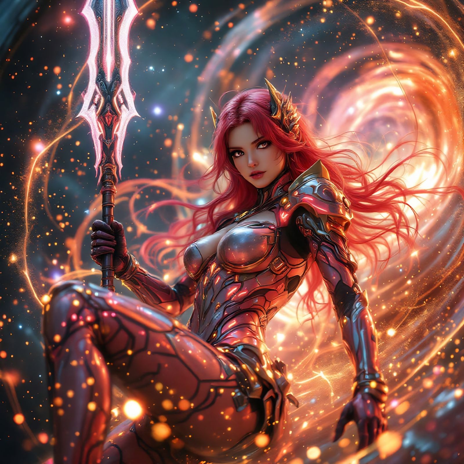 Galactic-Punk Woman with Cosmic Spear in Space