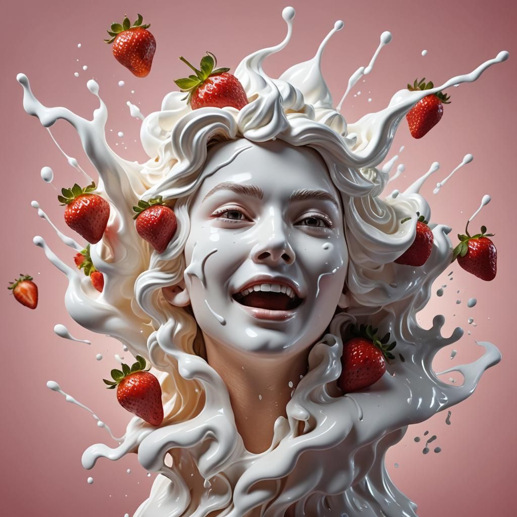 Hyperrealistic Strawberry with Whipped Cream Splash Art