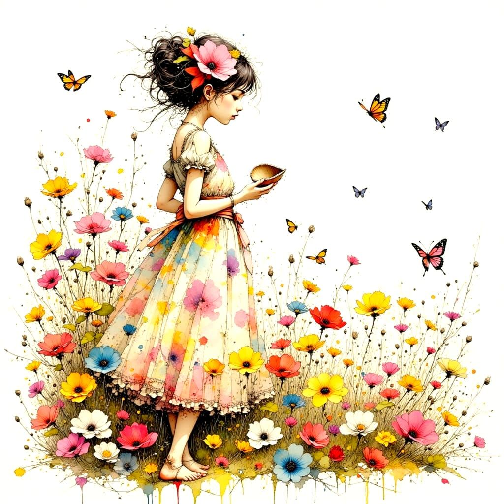 Butterfly in Golden Light with Ink Crosshatching