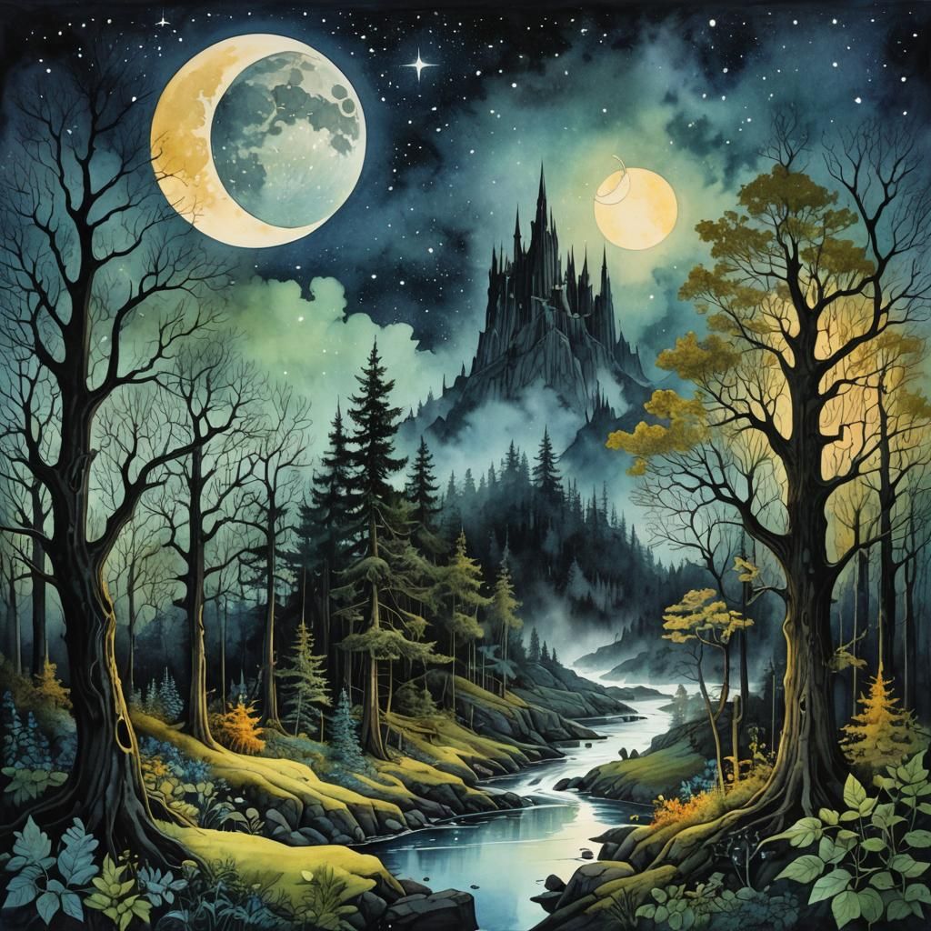 Mystical Alchemist Brews Potent Potion in Forest-Core Style