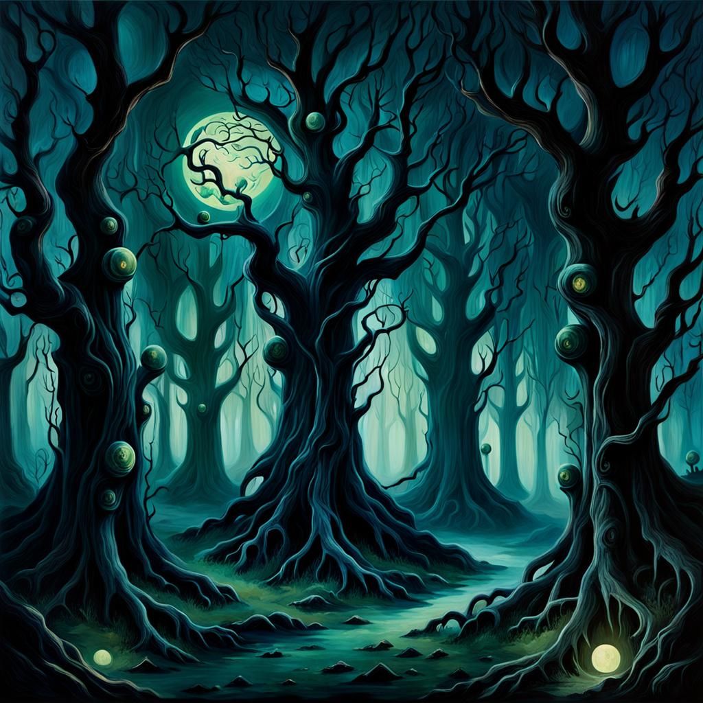 Haunted Forest: Surreal Gothic Oil Painting