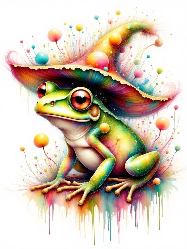 Tree Frog with Mushroom Sombrero in Chibi Style