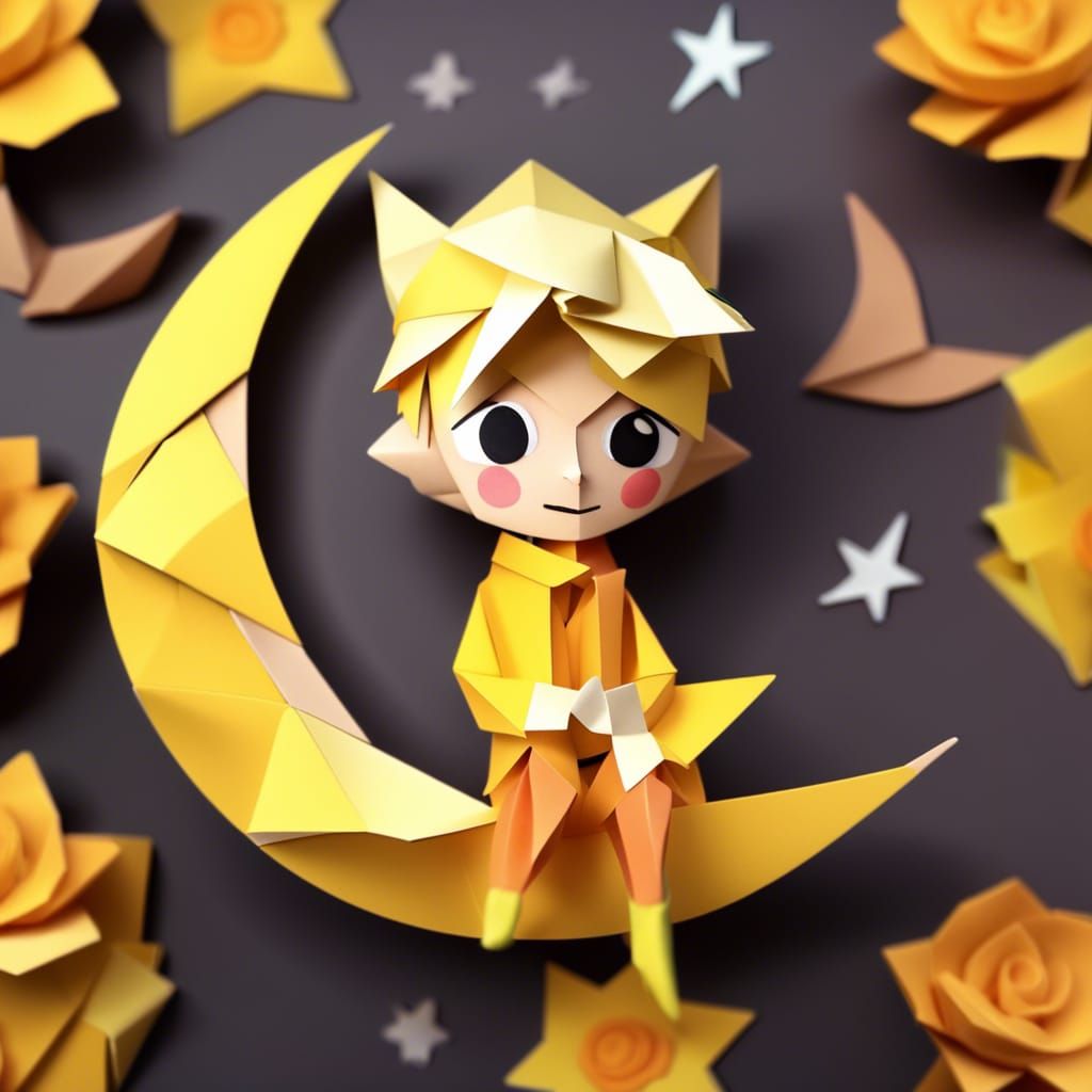 Origami Papercraft: Boy on Moon with Fox and Rose