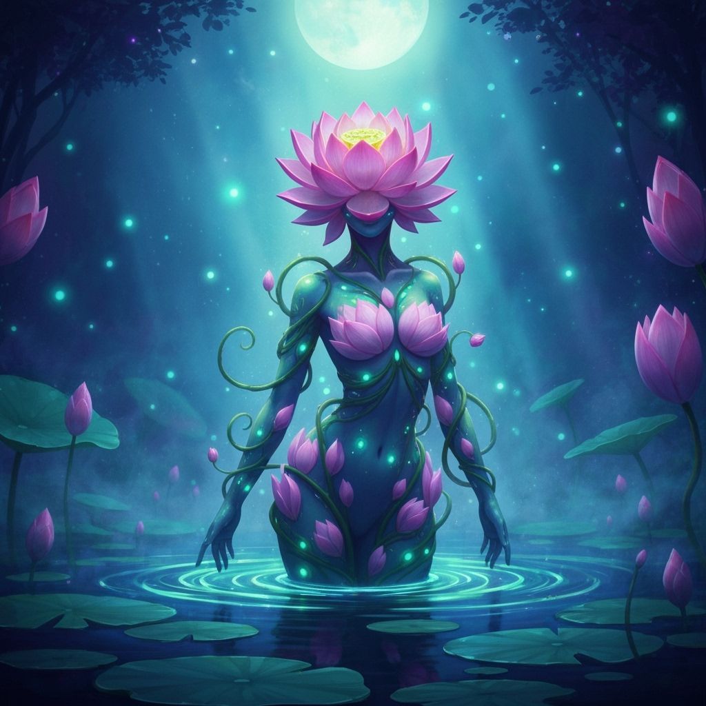 Lotus Flower Dryad Emerges From Moonlit Pond