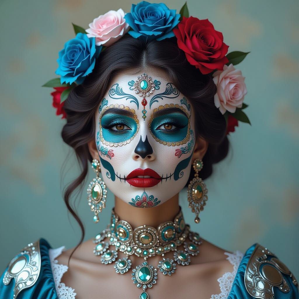 Chrome Woman with Día de los Muertos Makeup in Cyberpunk Sty...