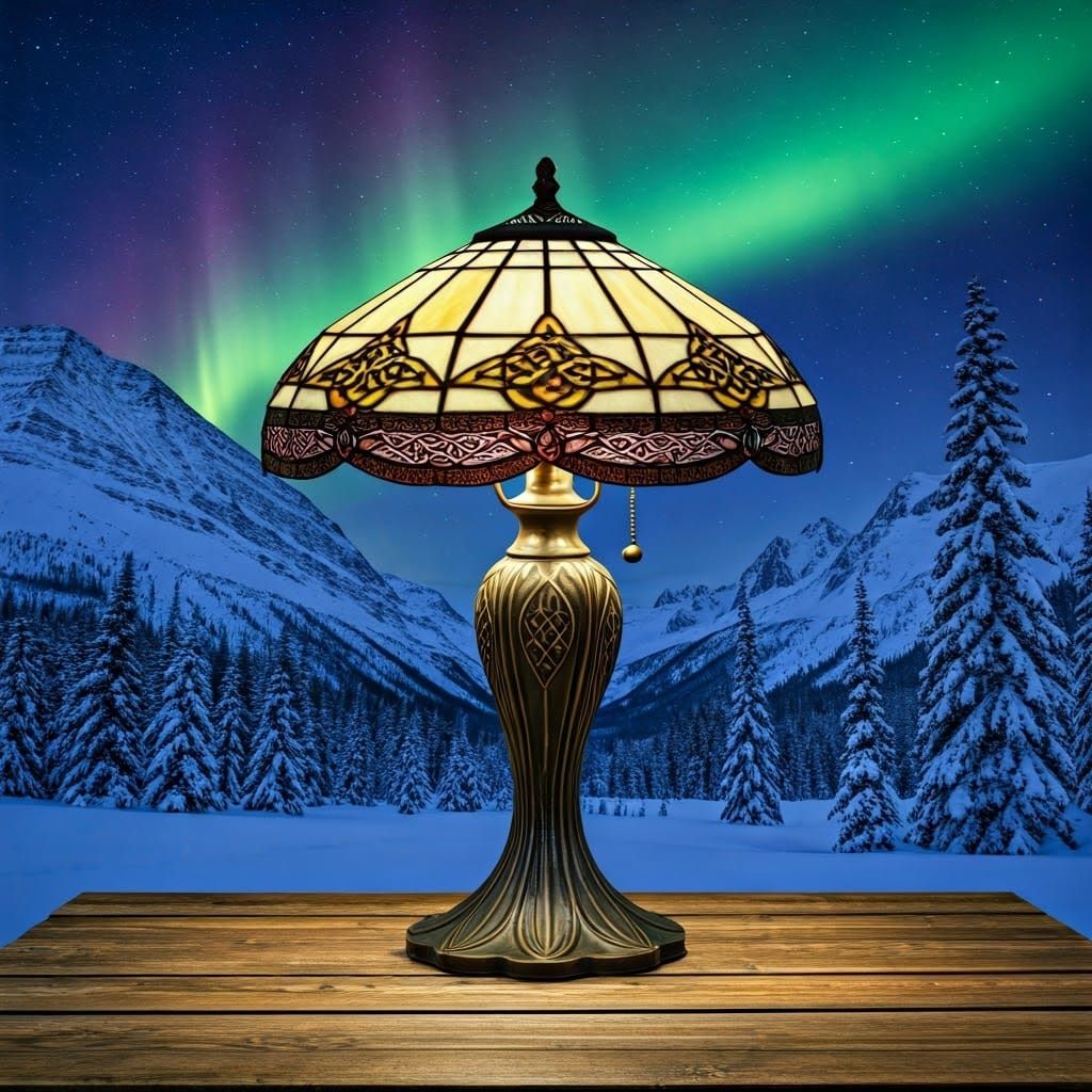 Tiffany Lamp Illuminates Northern Lights Landscape