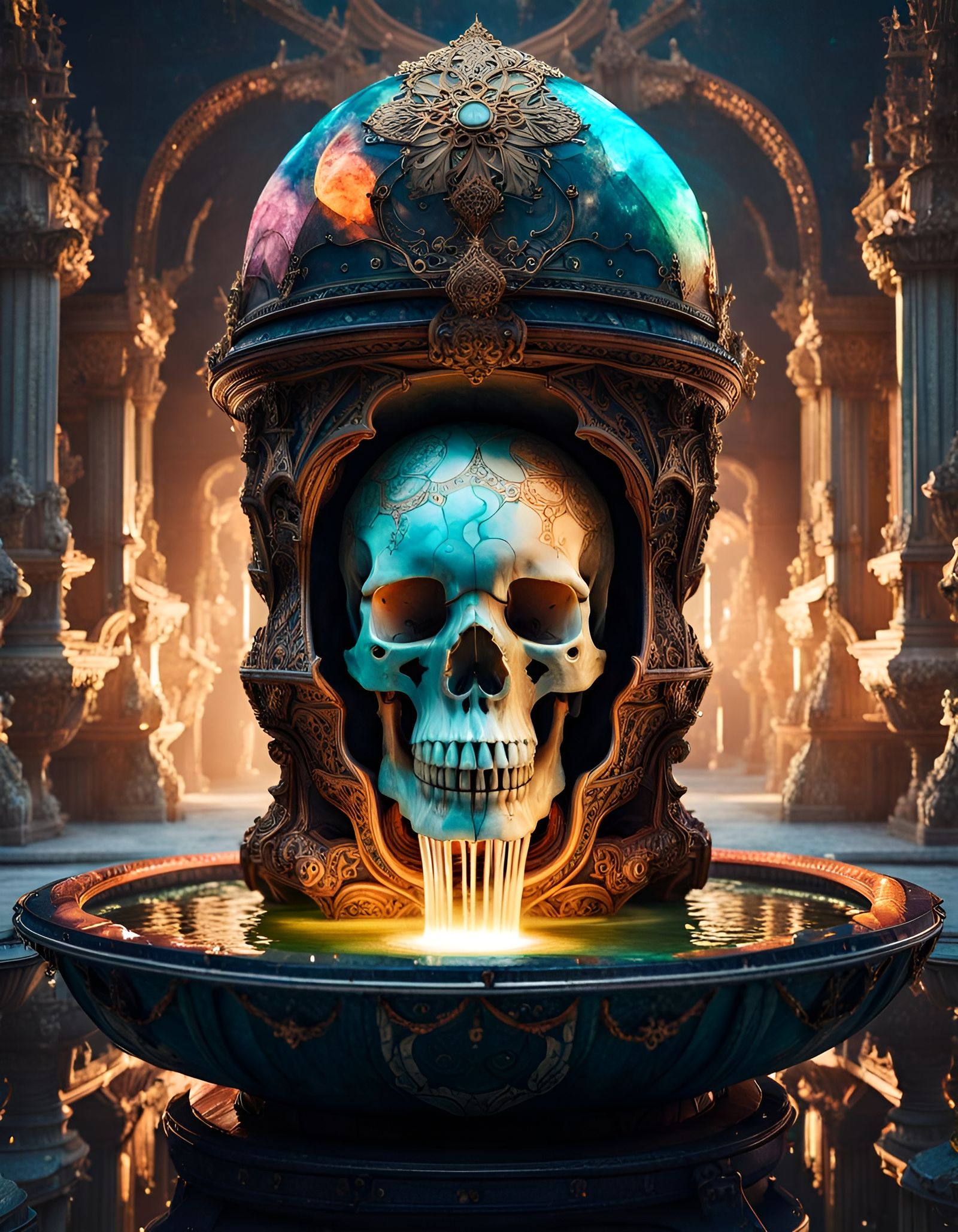 Ornate Gemstone Skull Fountain in Fantasycore Style