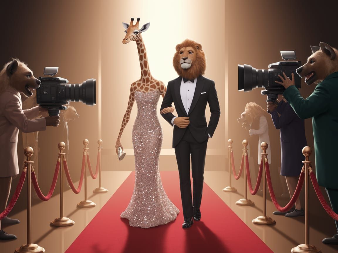 Glamorous Giraffe Strolls Red Carpet with Regal Lion Escort