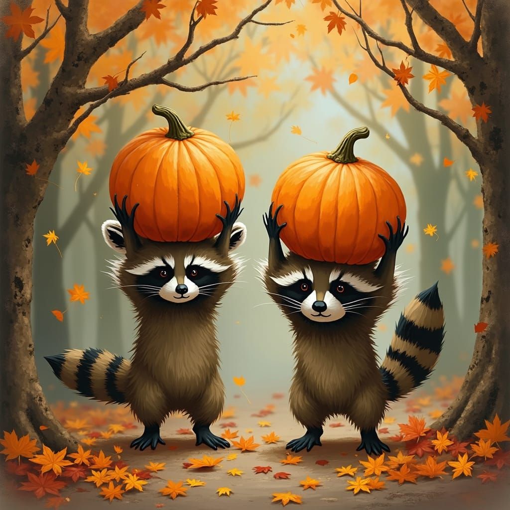 Raccoons with Pumpkins: A Whimsical Autumn Scene