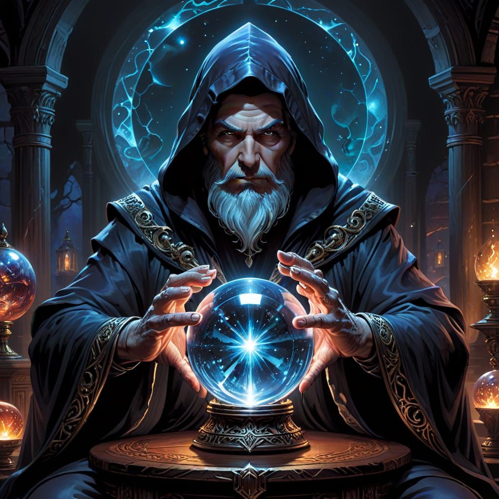 Wise Wizard with Crystal Ball in Comic Book Art