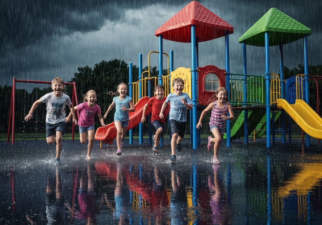 Children Fleeing Summer Rainstorm on Playground