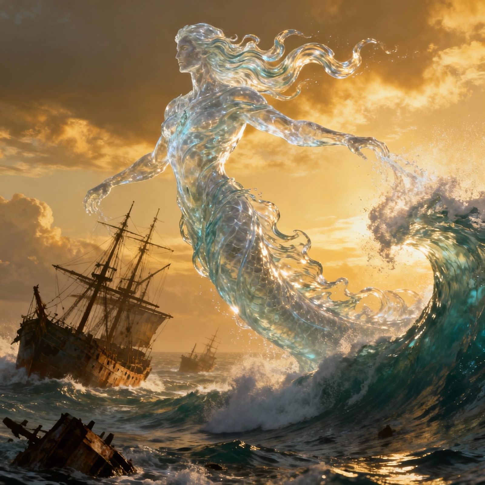 Water Deity Mastering Ocean Waves at Golden Hour