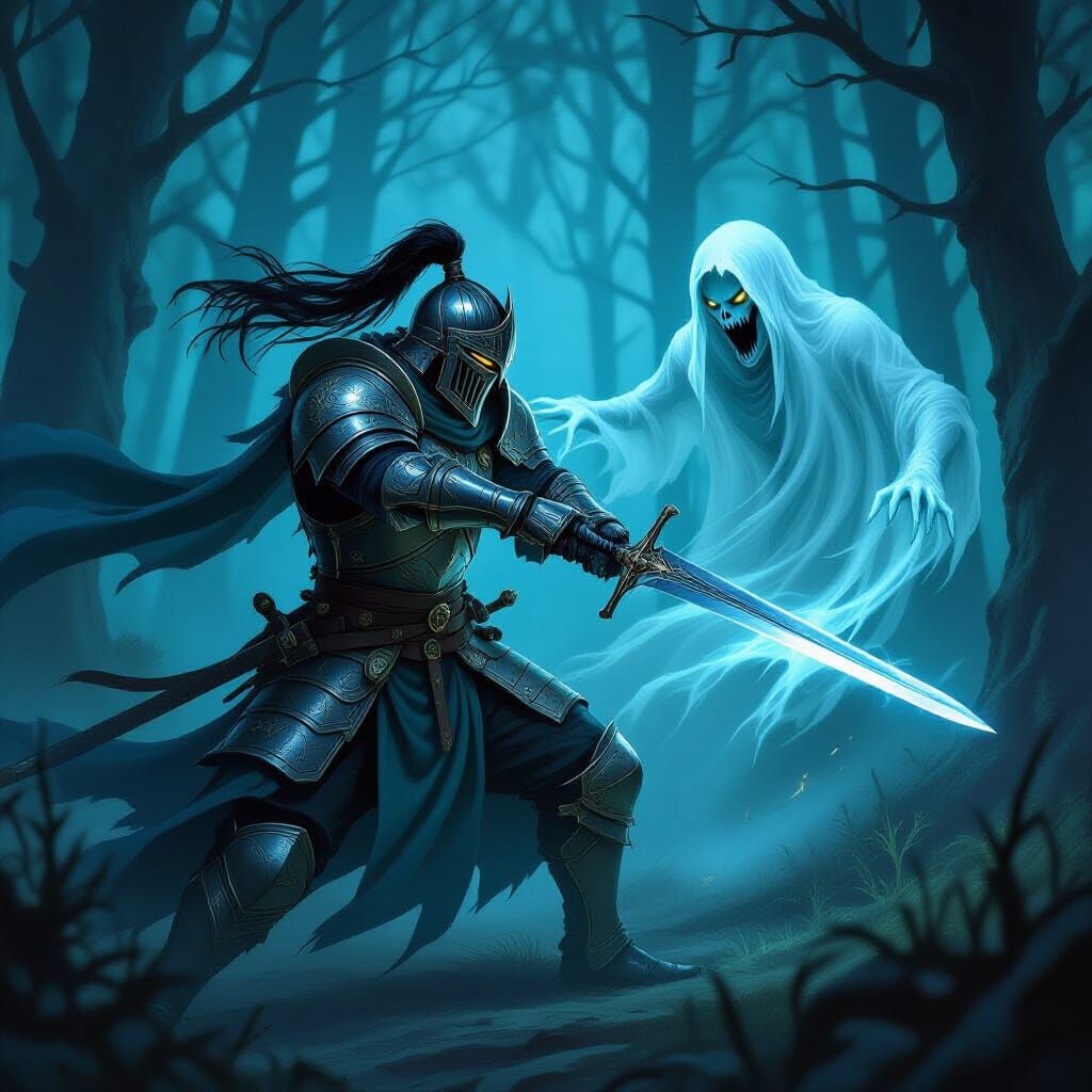 Knight Battles Banshee in Misty Forest, Fantasy Art