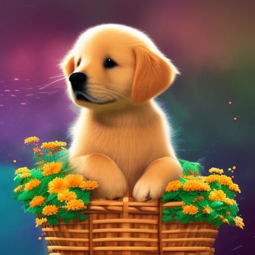 Golden Retriever Puppy with Orange Flowers