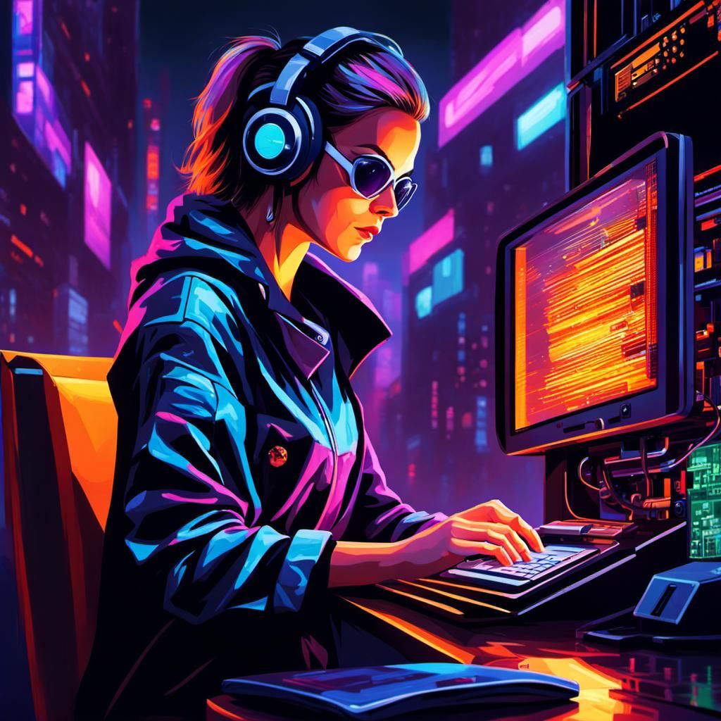 A splendidly beautiful female hacker wearing a digicamo dress is writing a program