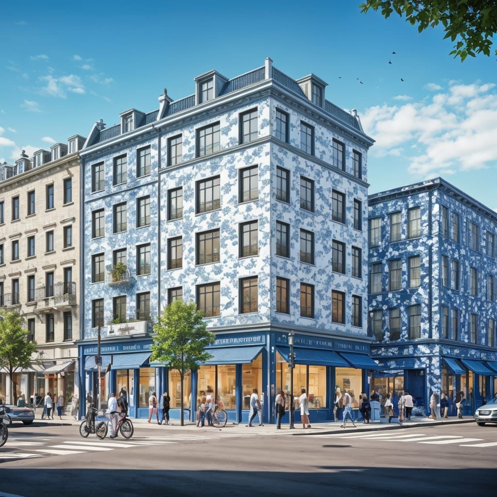 Vibrant Urban Street Scene with Chinoiserie Patterns