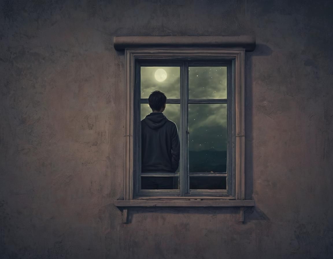 Lonely Man's Reflection in Dark Matte Painting
