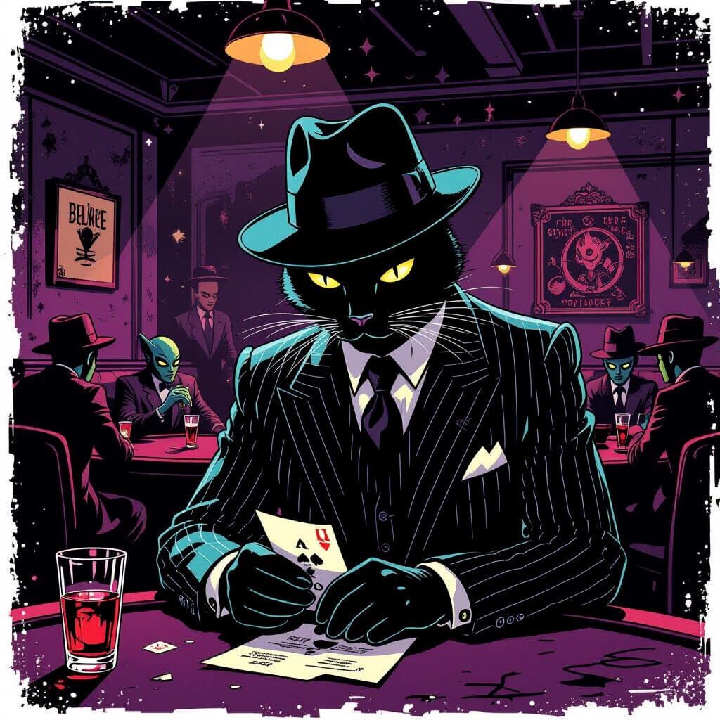 Cat Detective in Alien Speakeasy, Noir Style