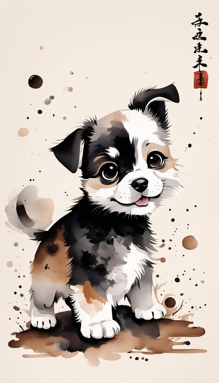 Minimalist Chinese Ink Painting of Smirking Puppy