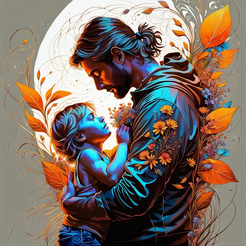 Father and Child in Wildflower Embrace: Carne Griffiths Styl...