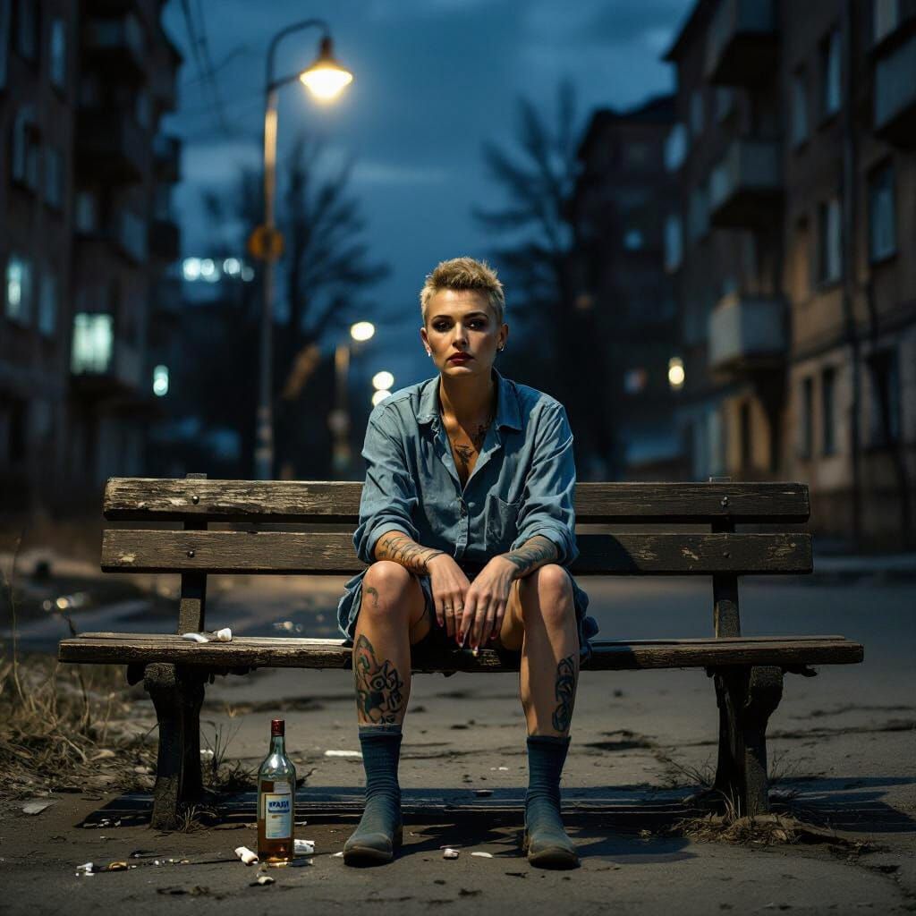 Mature Woman in Gritty Post-Soviet Night Scene