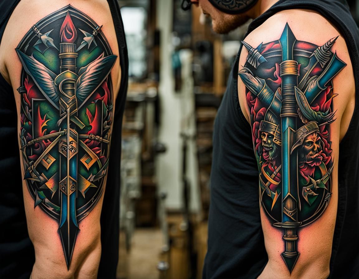 Triptych Tattoo Design with Piercing Arrows