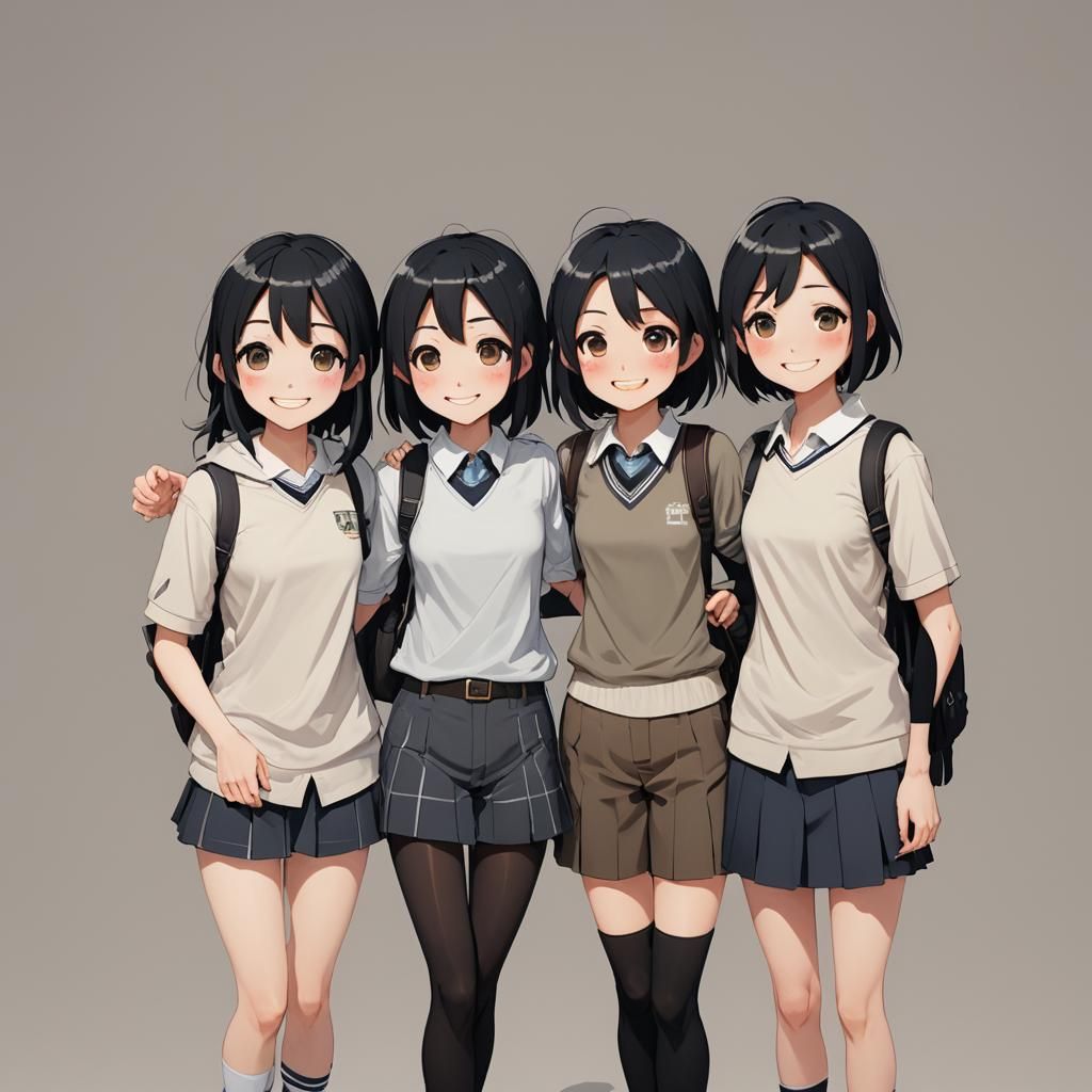 Anime Art of Three Smiling Girls in High School