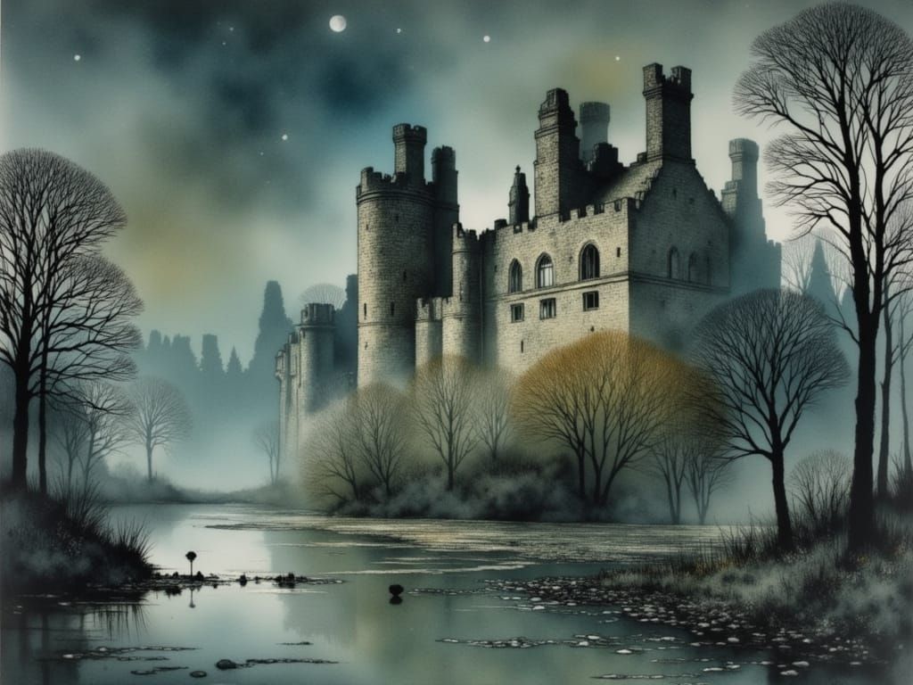 Medieval Castle in Icy Mist, Charcoal Art