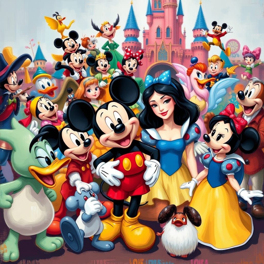 Whimsical Disney Character Gathering in Animated Style