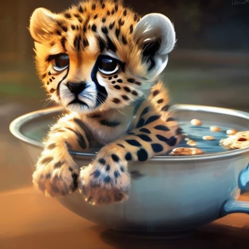 Cheetah Cub Bathing in Teacup: Photorealistic Portrait
