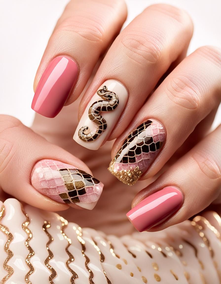 Exotic Snake Pattern Nail Art with Gold Details