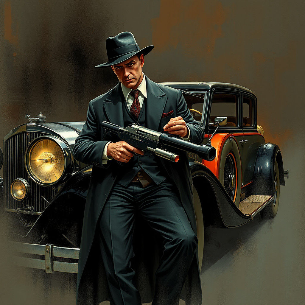 Gangster with Tommy Gun in 1920s Car, Detailed Matte Paintin...