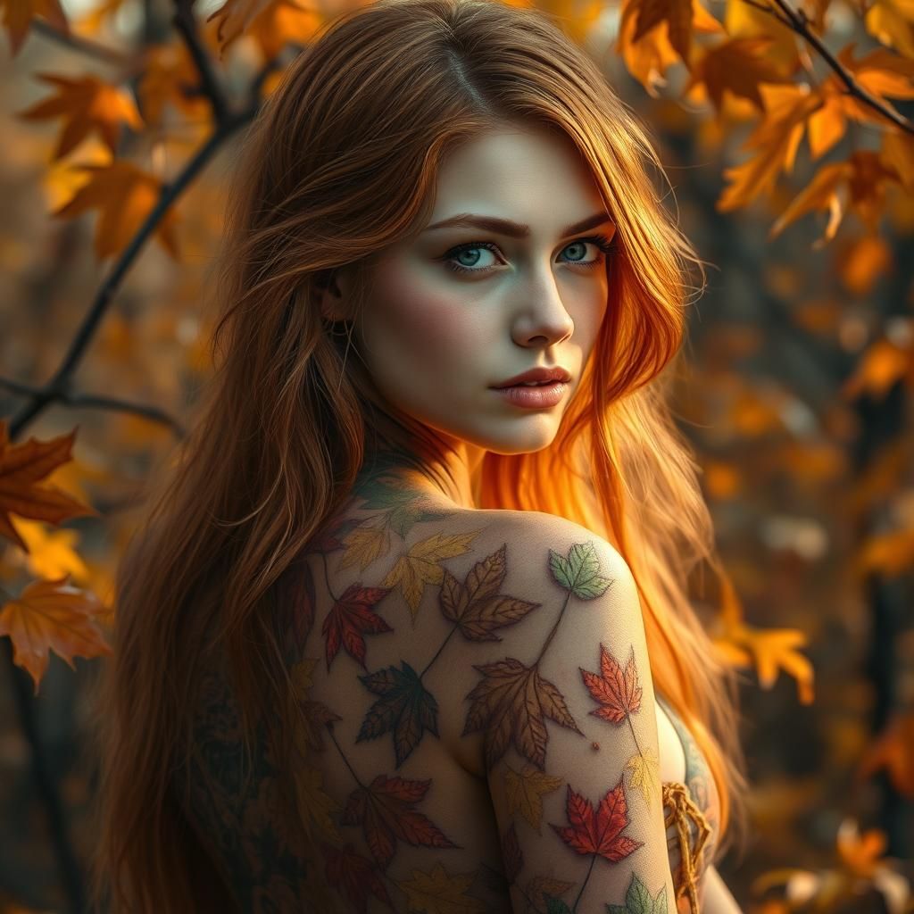 Autumn Goddess with Leaf Tattoos in Hyperrealism