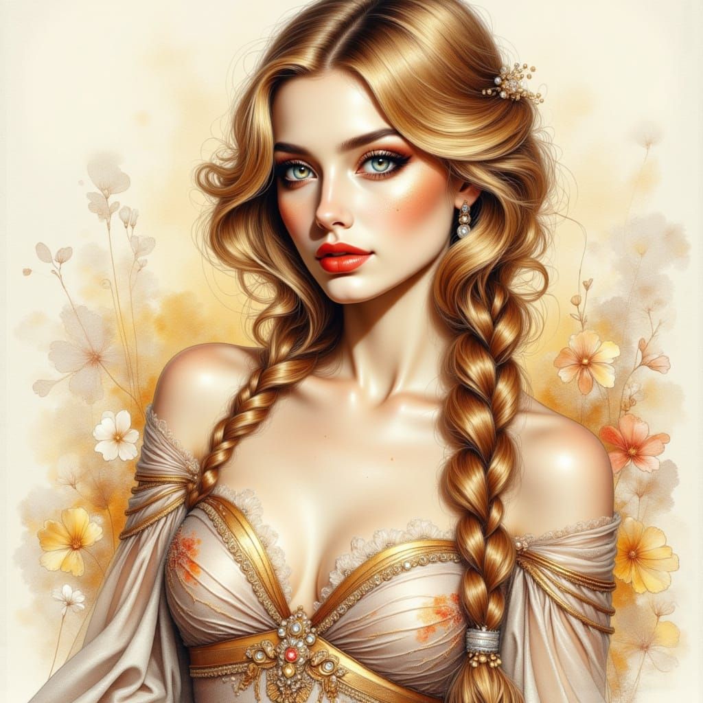 Elegant Woman in Flowing Gown, Pencil and Watercolor Art