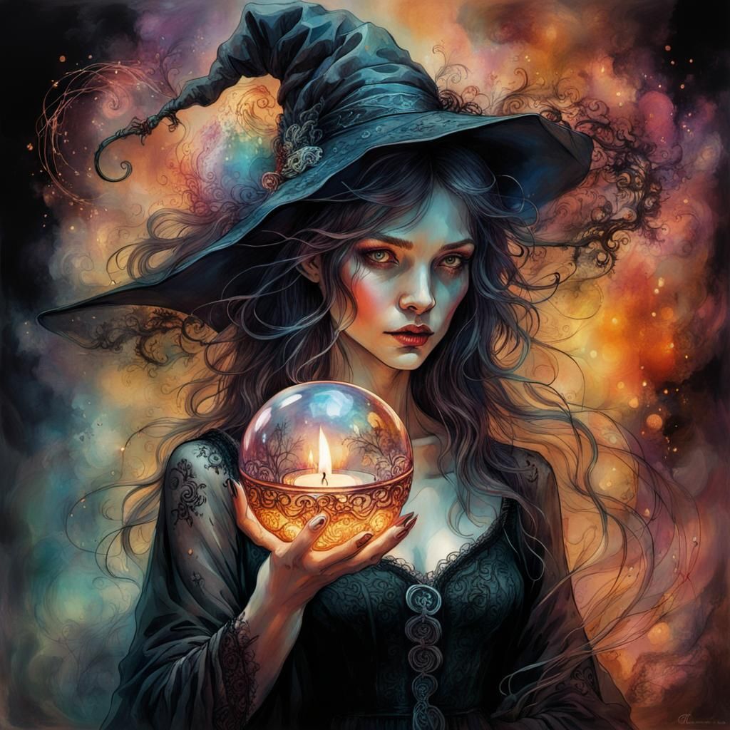 Mystical Witch with Crystal Ball in Dark Fantasy Style