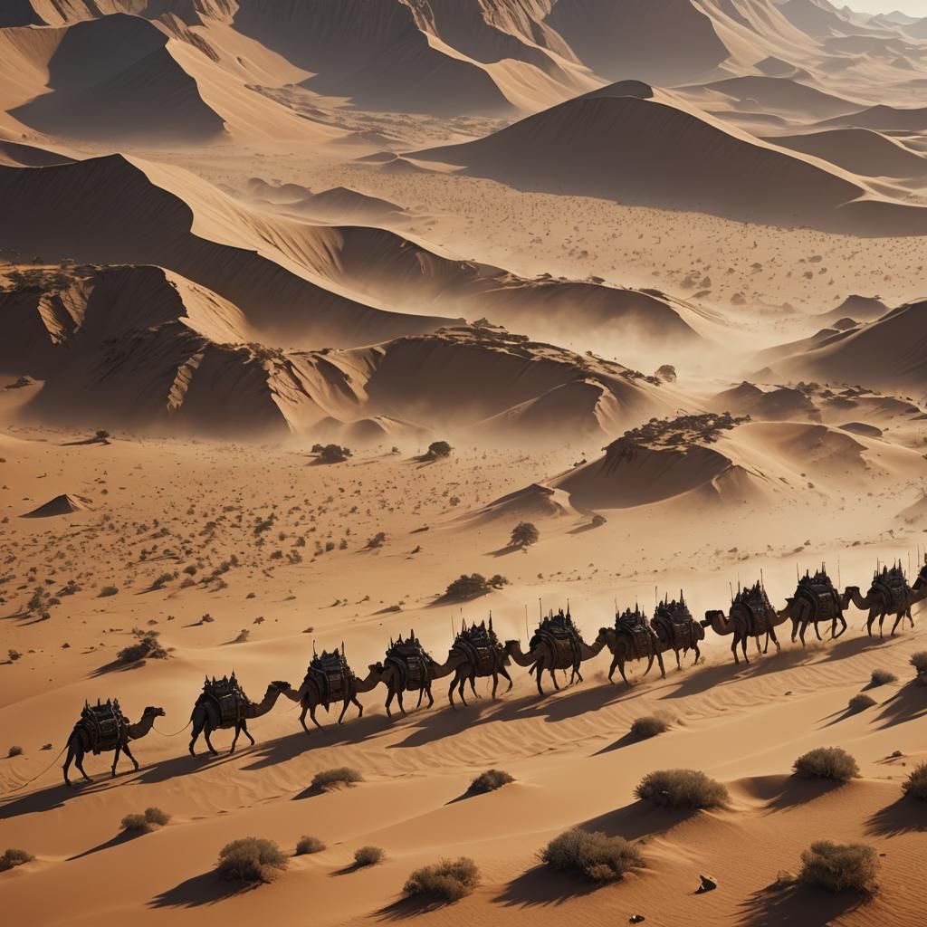 Camel Caravan in Desert Dust: Fantasy Art
